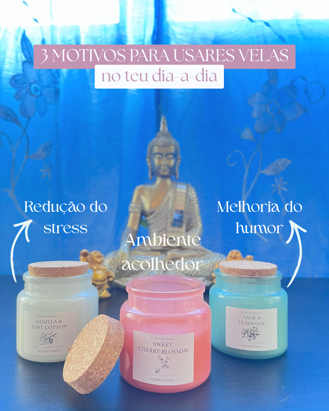 Foto com fundo azul com um Buda no fundo meio desfocada e à frente com três exemplos de velas diferentes, variando as cores com os cheiros, branco (à esquerda), rosa (ao meio) e azul claro (à esquerda)