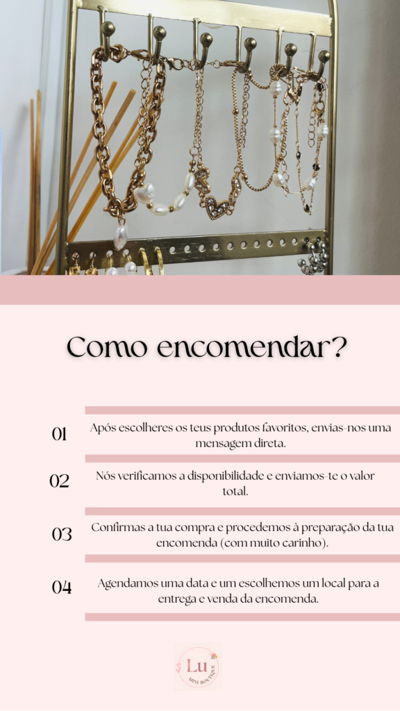Publicação de como fazer uma encomenda, explicada passo a passo. Em cima, tem a foto de uma seleção de produtos, por baixo tem um fundo rosa com as explicações