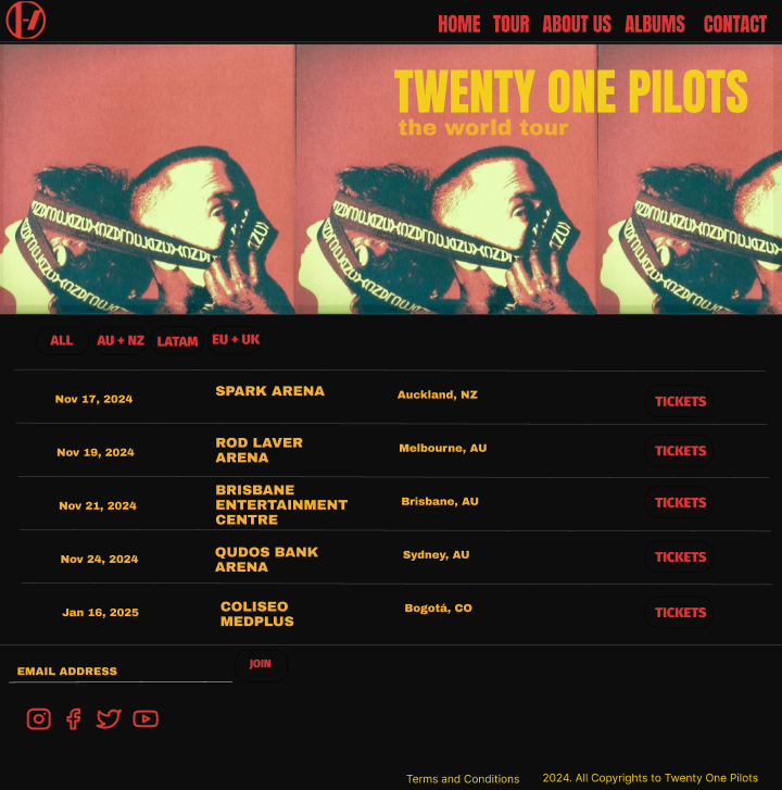 Wireframe feito via programa Figma de uma página de venda de bilhetes para a criação da página Twenty One Pilots