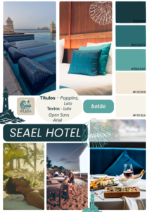 Moodboard baseada nas três tons de azuis entre um mais escuro, entre médio e claro, um bege e um branco linho. Exemplo de imagens de hotéis de luxo para exemplificar a ideia da estrutura que se irá usar no website e formatação do tipo de letras para os vários títulos e formatos dos botões