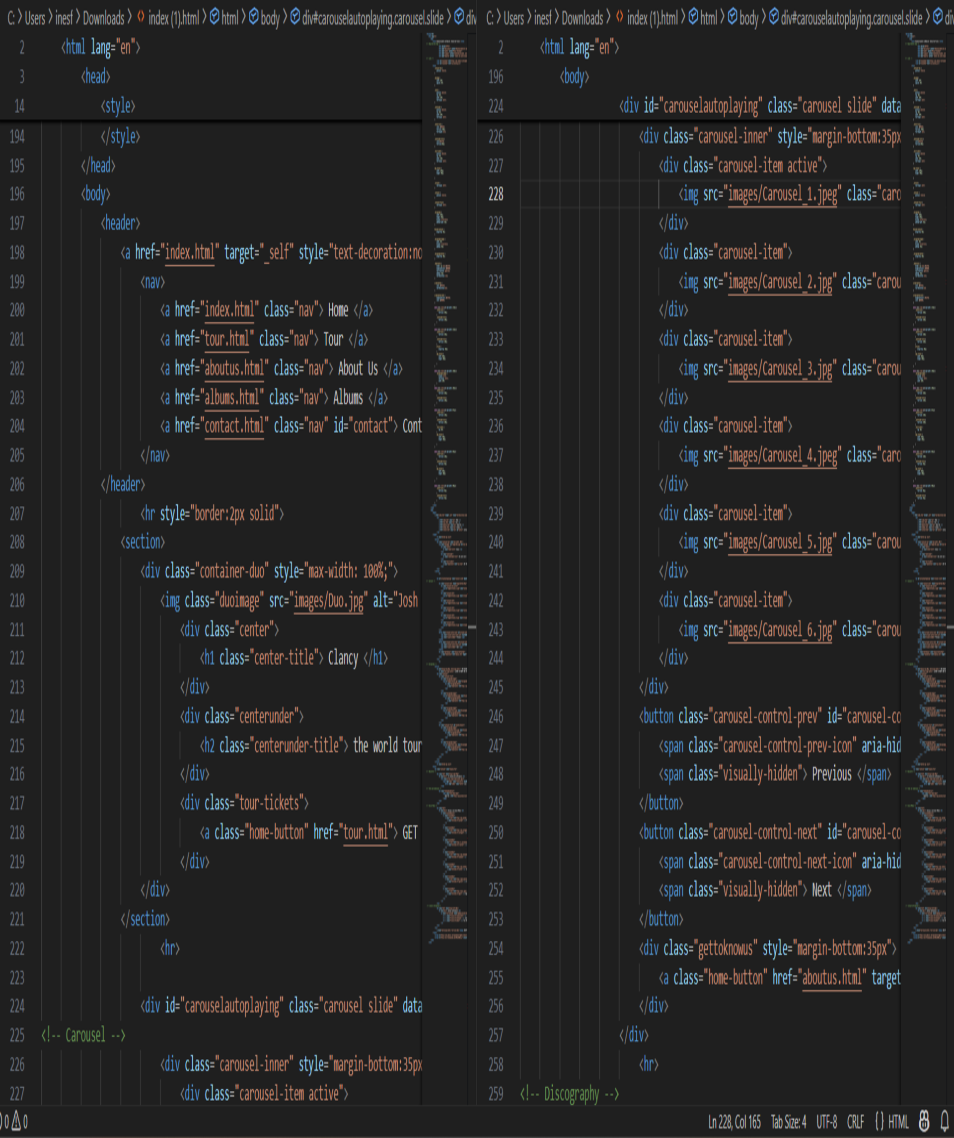 Código em HTLM5/CSS escrito em Visual Studio Core para uma página de venda de bilhetes para a criação da página Twenty One Pilots
