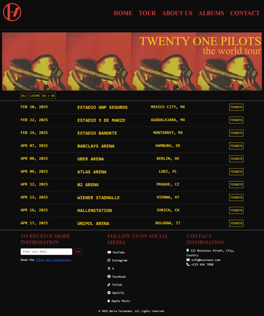 Página criada em HTLM5/CSS para uma página de venda de bilhetes para a criação da página Twenty One Pilots com um header com links para as restantes páginas do website