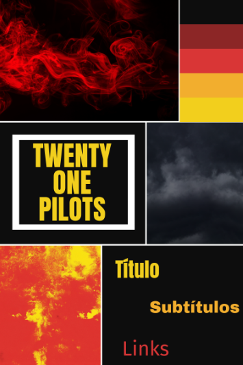 Moodboard com cores a preto, vermelho escuro, vermelho, amarelo torrado e amarelo mais claro. Imagens de fogo e fumo para representar o Albúm Clancy da Banda Twenty One Pilots